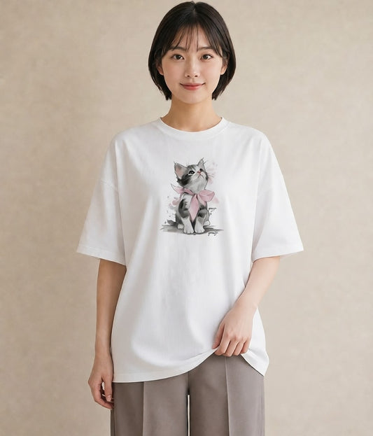 グラフィックTシャツ レディース サバトラ 猫 ねこ イラスト アート風 帰省 ラフ 白T
