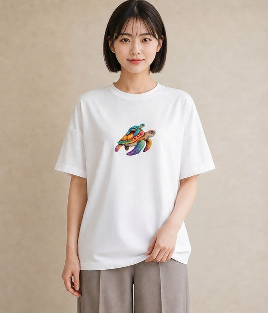 半袖Tシャツ レディース ウミガメ 海の生き物 海 イラスト お洒落 お出かけ 普段着 白T