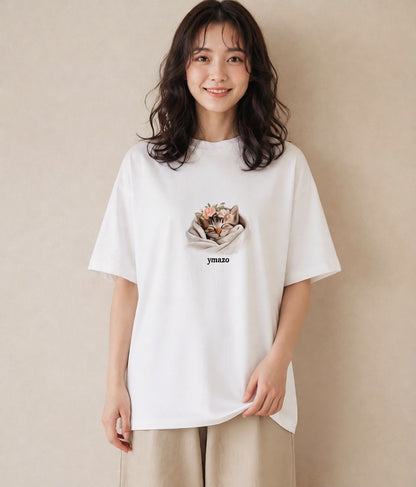 グラフィックTシャツ レディース 子猫 猫 ねこ イラスト 抜け感 親子 20代 白T
