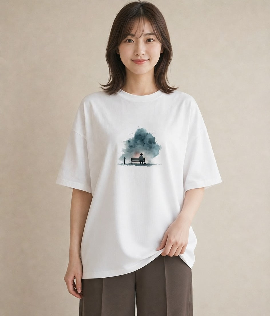 半袖Tシャツ レディース 雨上がりのベンチ ベンチ ナチュラル アンティーク イラスト 水彩風 姉妹 送別ギフト 白T