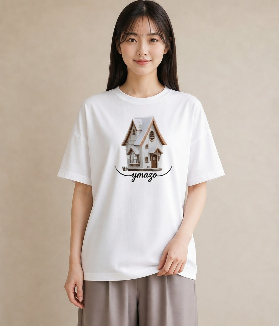 プリントTシャツ レディース 灯りの家 小屋 夜 ナチュラル アンティーク イラスト ガーリー ペアコーデ 秋コーデ 白T