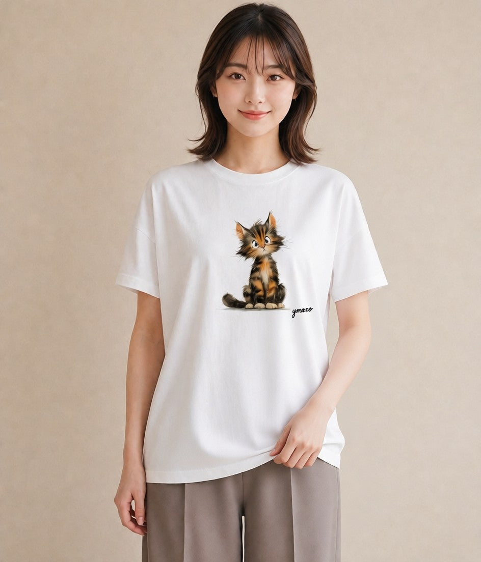 デザインTシャツ レディース 三毛猫 みけねこ 三毛 猫 ねこ イラスト 手描き風 お出かけ 普段着 白T
