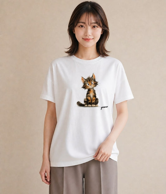 デザインTシャツ レディース 三毛猫 みけねこ 三毛 猫 ねこ イラスト 手描き風 お出かけ 普段着 白T