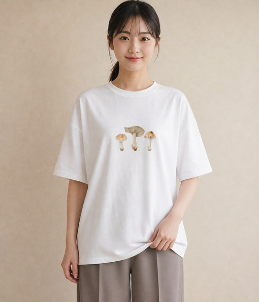 グラフィックTシャツ レディース きのこ 植物 ボタニカル イラスト 上品 ペアコーデ 秋コーデ 白T