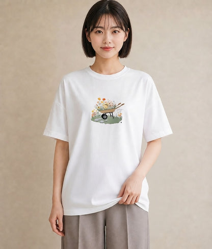 Tシャツ レディース 自転車のかご 自転車 花かご ナチュラル アンティーク イラスト 休日コーデ 綿100 デート 白T