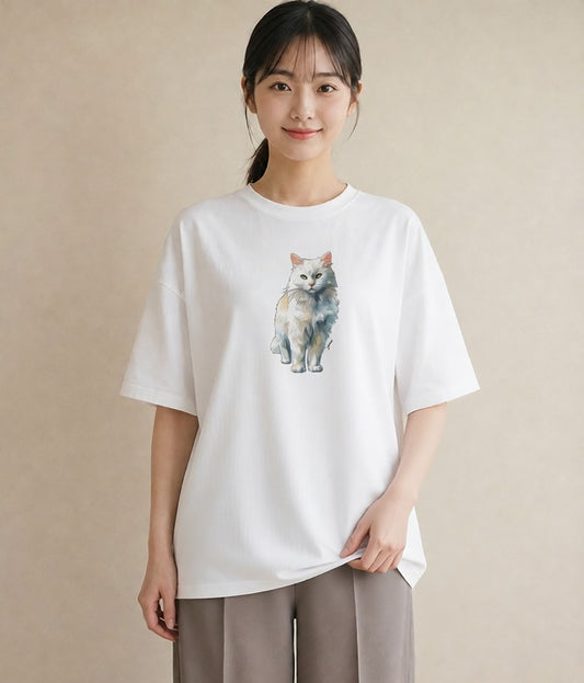 グラフィックTシャツ レディース おすわり猫 猫 ねこ イラスト シンプル レイヤード 友達ギフト 白T