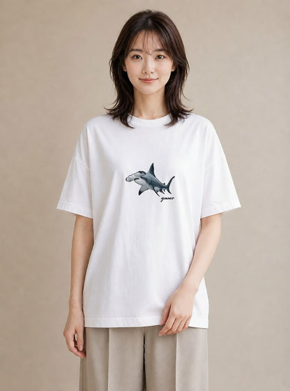 デザインTシャツ レディース サメ 海の生き物 海 イラスト 水彩風 ママ カフェ服 白T