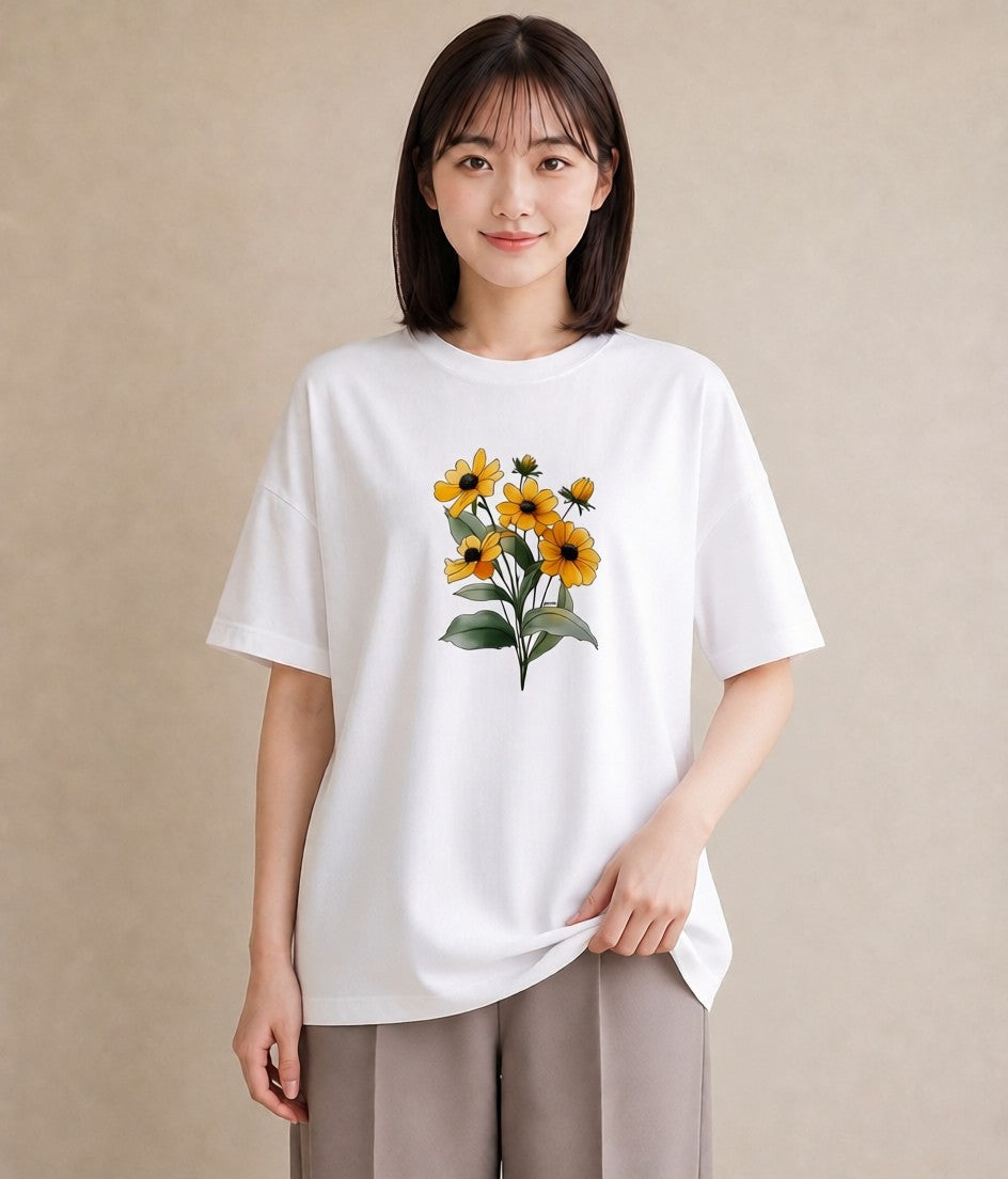 半袖Tシャツ レディース ひまわり 向日葵 花 花柄 イラスト ポップ ビーチ デイリーウェア 白T