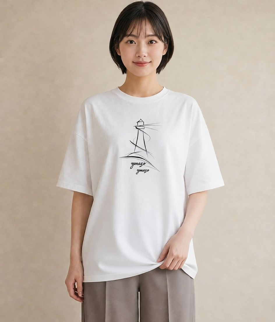 デザインTシャツ レディース 灯台 霧 海 ナチュラル アンティーク イラスト アート風 女性向けギフト 散歩 白T