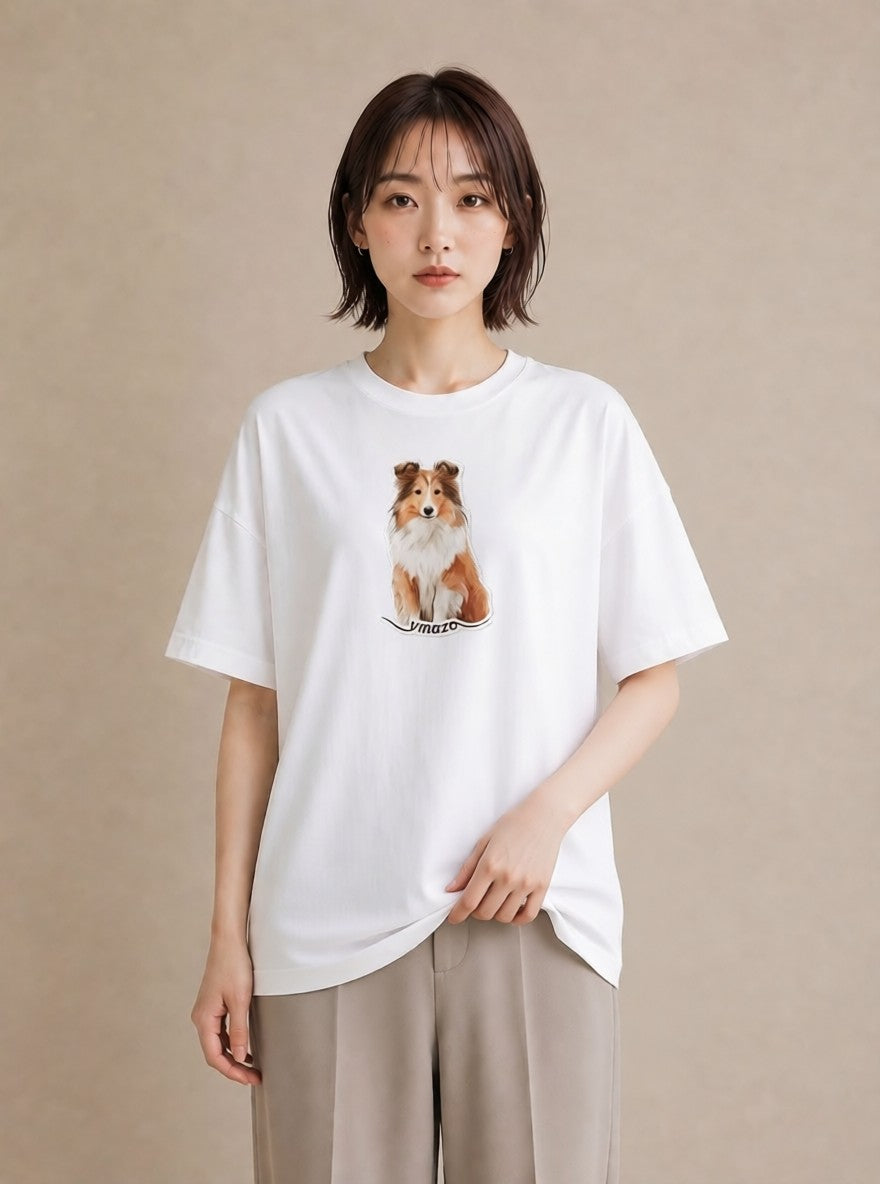 Tシャツ レディース 白柴 犬 いぬ イラスト 韓国風 ママ カフェ服 白T
