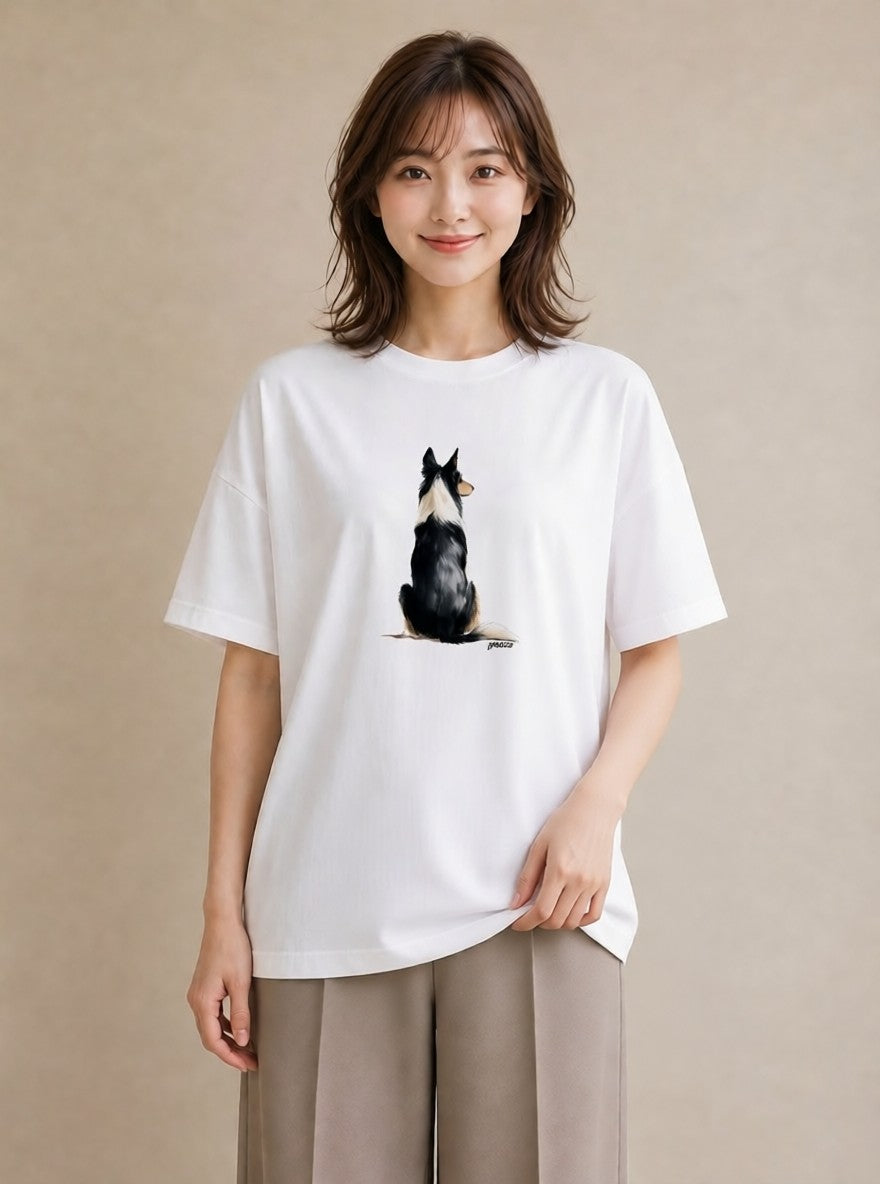 半袖Tシャツ レディース ボーダーコリー 犬 いぬ イラスト シンプル カフェ服 クリスマス 白T
