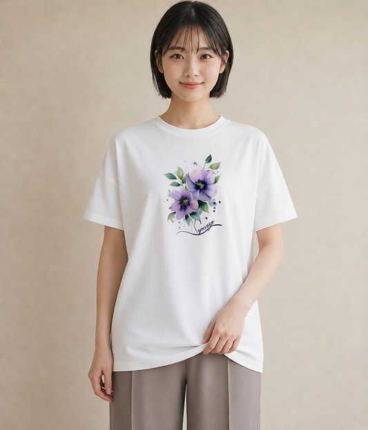Tシャツ レディース スミレ 花 花柄 イラスト 線画 レイヤード 友達ギフト 白T