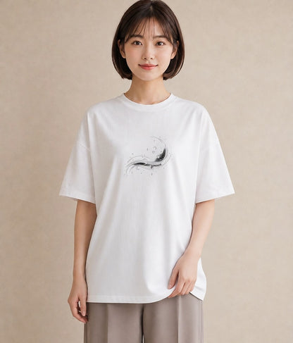 プリントTシャツ レディース 月と星 星空 ムーン イラスト アート風 週末コーデ 敬老の日 白T
