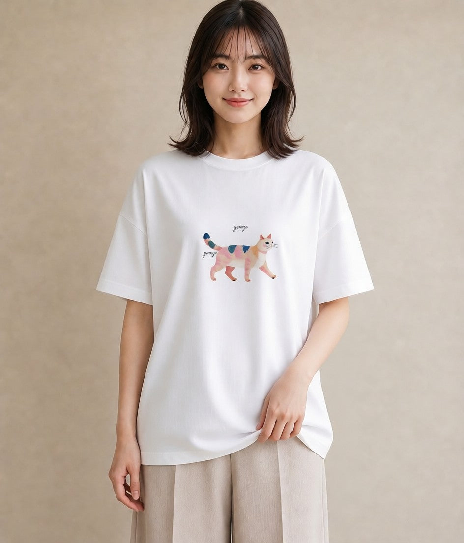 Tシャツ レディース 猫 ねこ イラスト カフェコーデ 女性 旅行用 白T