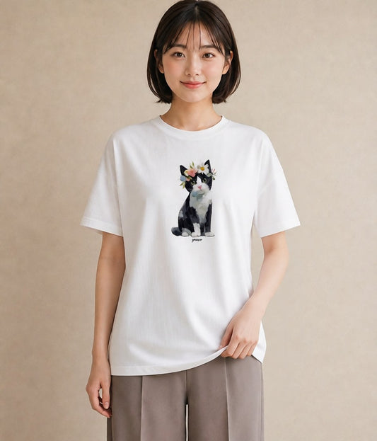 デザインTシャツ レディース 靴下猫 猫 ねこ イラスト ゆるコーデ 通勤 在宅 白T