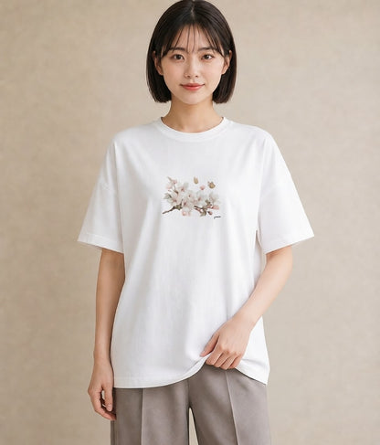 Tシャツ レディース 梅 花 花柄 イラスト ラフカジュアル 女性向けギフト 散歩 白T