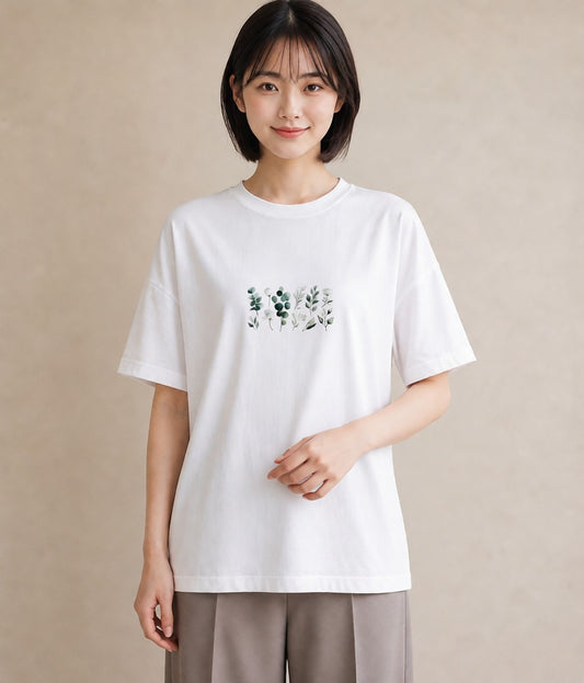 デザインTシャツ レディース ユーカリ 植物 ボタニカル イラスト 淡色 綿100 デート 白T
