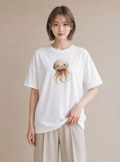 プリントTシャツ レディース くらげ クラゲ 海の生き物 海 イラスト ラフカジュアル 送別ギフト 通勤 白T