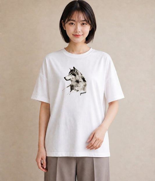 グラフィックTシャツ レディース シベリアンハスキー 犬 いぬ イラスト アート風 在宅 公園 白T