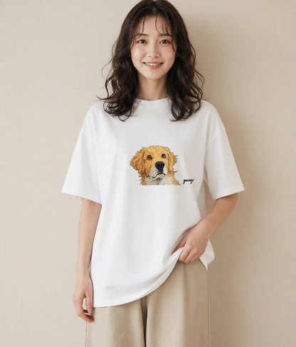 半袖Tシャツ レディース ゴールデンレトリバー ゴールデン 犬 いぬ イラスト レトロ 綿100 デート 白T