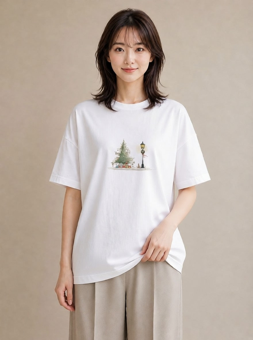 Tシャツ レディース 街灯 夜霧 夜 ナチュラル アンティーク イラスト フェミニン デイリーウェア 休日 白T