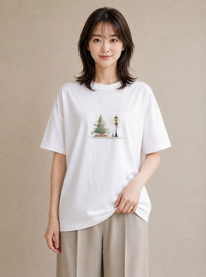 Tシャツ レディース 街灯 夜霧 夜 ナチュラル アンティーク イラスト フェミニン デイリーウェア 休日 白T