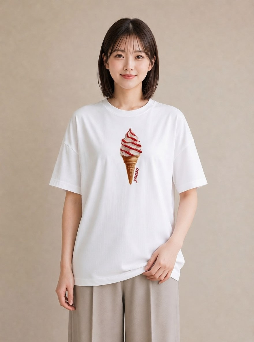 半袖Tシャツ レディース ソフトクリーム 食べ物 フード イラスト 上品 春コーデ 姉妹 白T