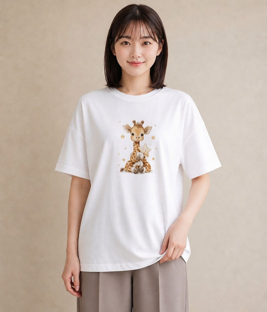 Tシャツ レディース きりん 動物 アニマル イラスト 水彩風 レイヤード 友達ギフト 白T