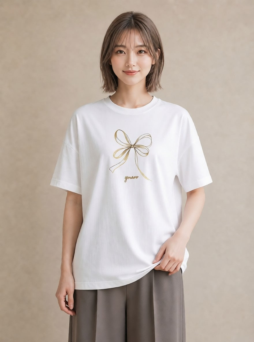 プリントTシャツ レディース リボン ボウ りぼん イラスト 旅行コーデ 女子会 お揃い 白T