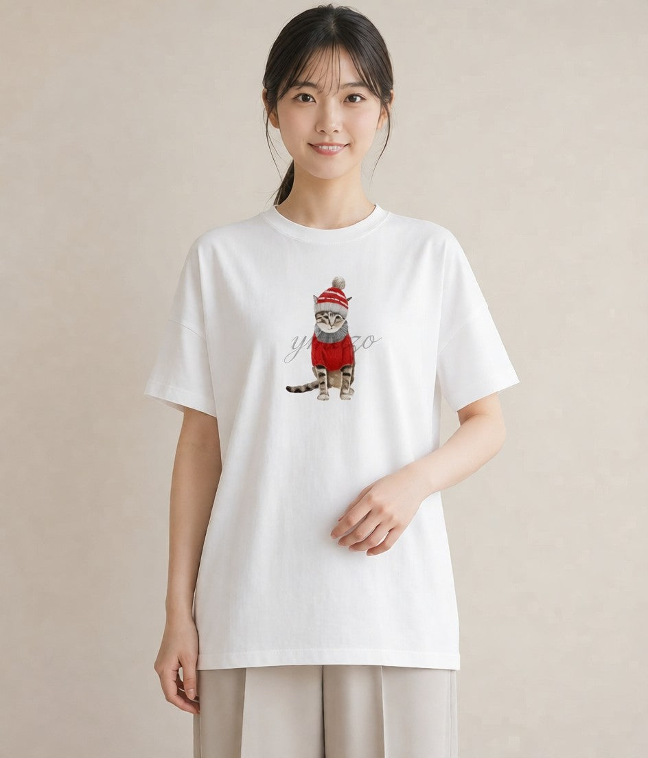 プリントTシャツ レディース キジトラ 猫 ねこ イラスト フェミニン ミセス 春コーデ 白T