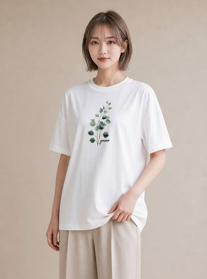 グラフィックTシャツ レディース 苔 植物 ボタニカル イラスト アート風 ミセス 春コーデ 白T