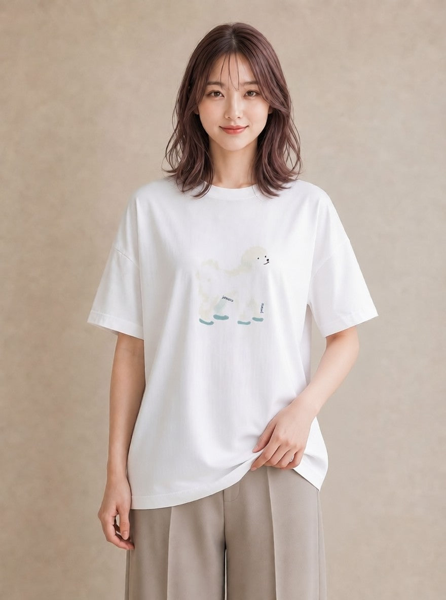 グラフィックTシャツ レディース ビションフリーゼ 犬 いぬ イラスト きれいめ 20代 カジュアルコーデ 白T
