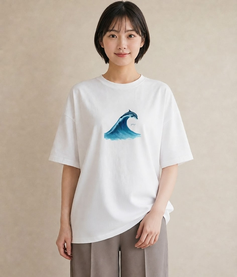 デザインTシャツ レディース 波 星空 宇宙 イラスト 淡色 カフェ巡り 女子会 白T
