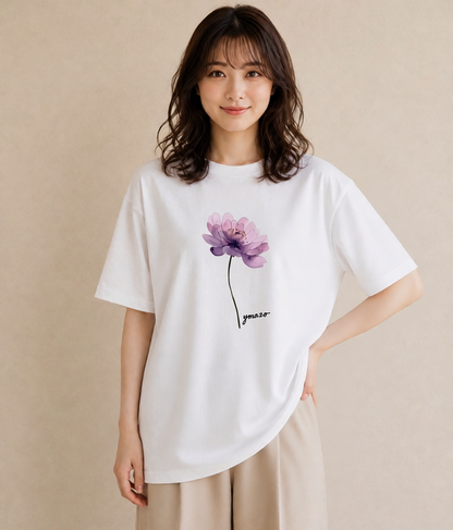 半袖Tシャツ レディース スミレ 花 花柄 イラスト ラフカジュアル 海 カフェ巡り 白T