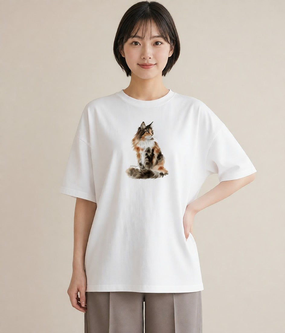 プリントTシャツ レディース サビ猫 猫 ねこ イラスト カフェコーデ 帰省 ラフ 白T