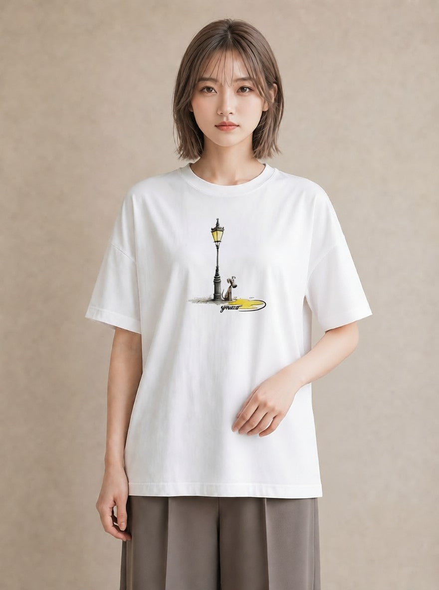 Tシャツ レディース 街灯 夜霧 夜 ナチュラル アンティーク イラスト レイヤード 友達ギフト 白T