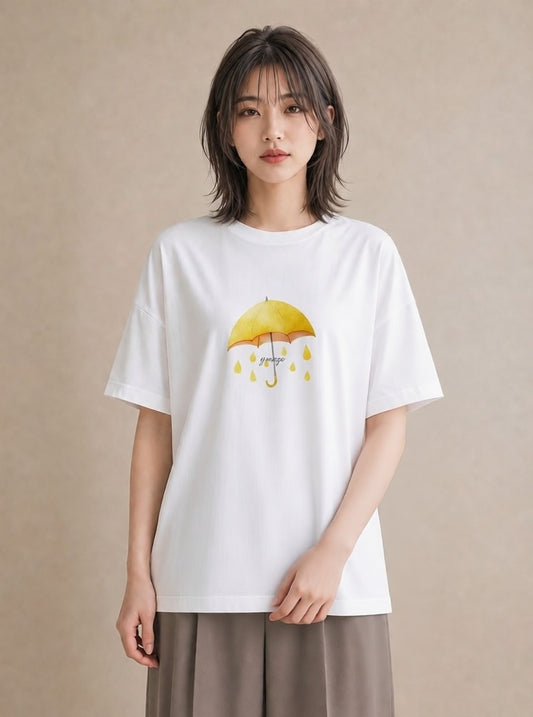 プリントTシャツ レディース 傘 水たまり 雨 ナチュラル アンティーク イラスト ボタニカル 旅行 母娘コーデ 白T