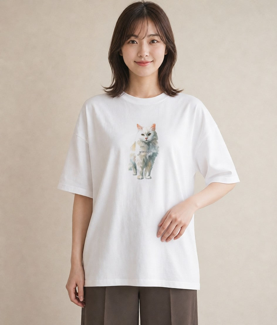 半袖Tシャツ レディース アメリカンショートヘア 猫 ねこ イラスト きれいめ おしゃれギフト 社会人 白T