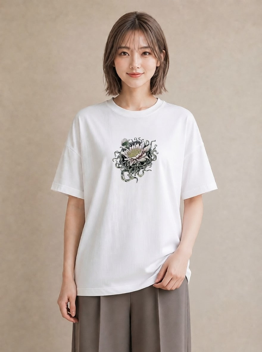 プリントTシャツ レディース 蓮 花 花柄 イラスト シック カフェ巡り 女子会 白T