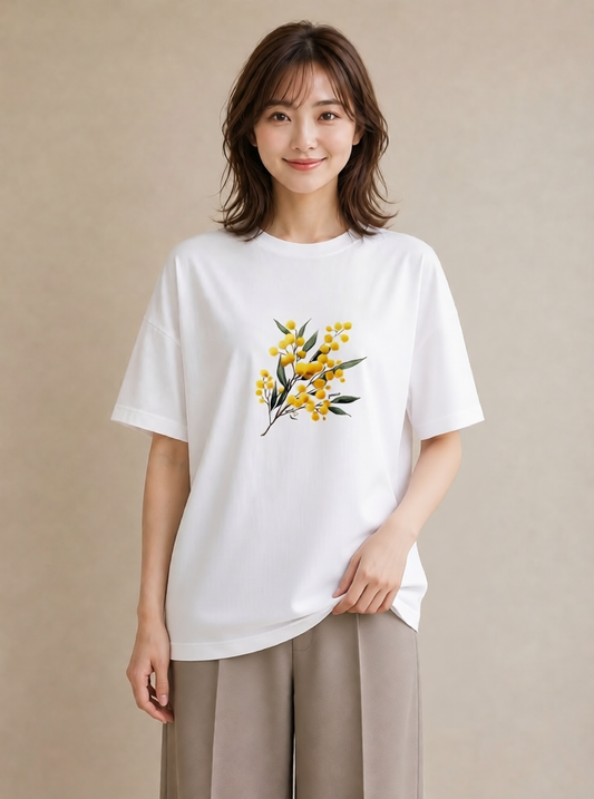 半袖Tシャツ レディース ミモザ 花 花柄 イラスト レトロ 誕生日プレゼント 綿100 白T