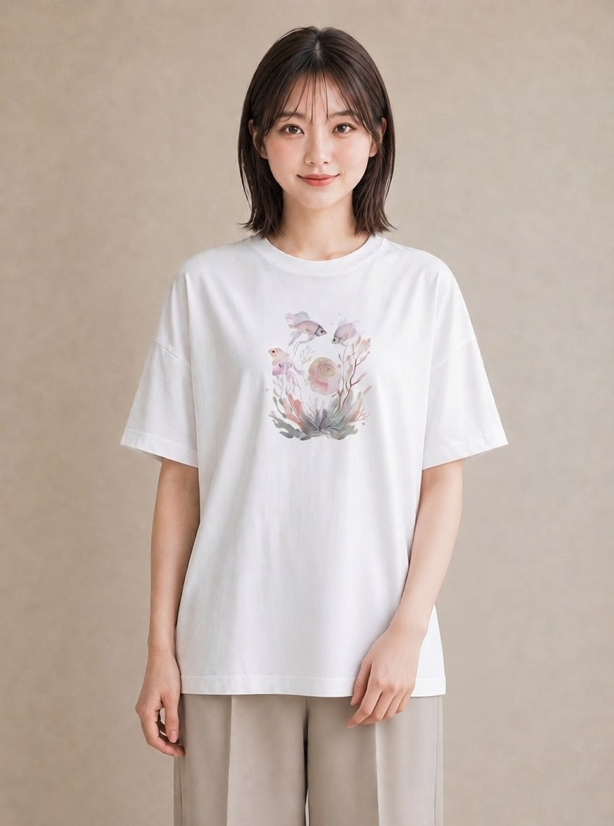 デザインTシャツ レディース サンゴ 海の生き物 海 イラスト 線画 友達ギフト 部屋着 白T