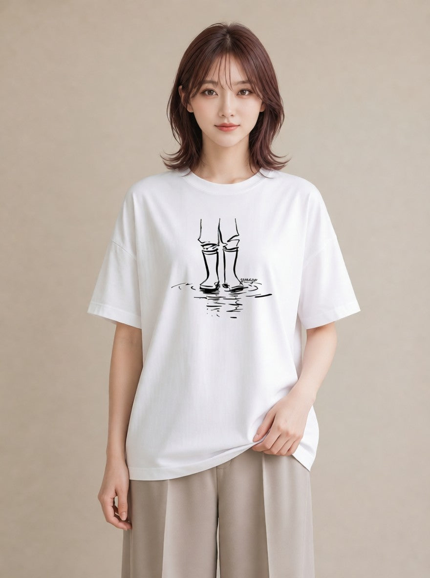 プリントTシャツ レディース 雨上がりの小道 雨上がり 小道 ナチュラル アンティーク イラスト 通学 誕生日プレゼント 白T