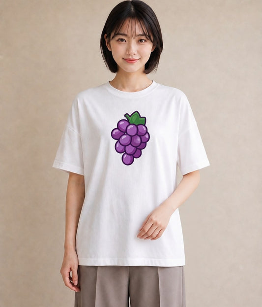Tシャツ レディース ぶどう 葡萄 食べ物 フード イラスト きれいめカジュアル ミセス 春コーデ 白T