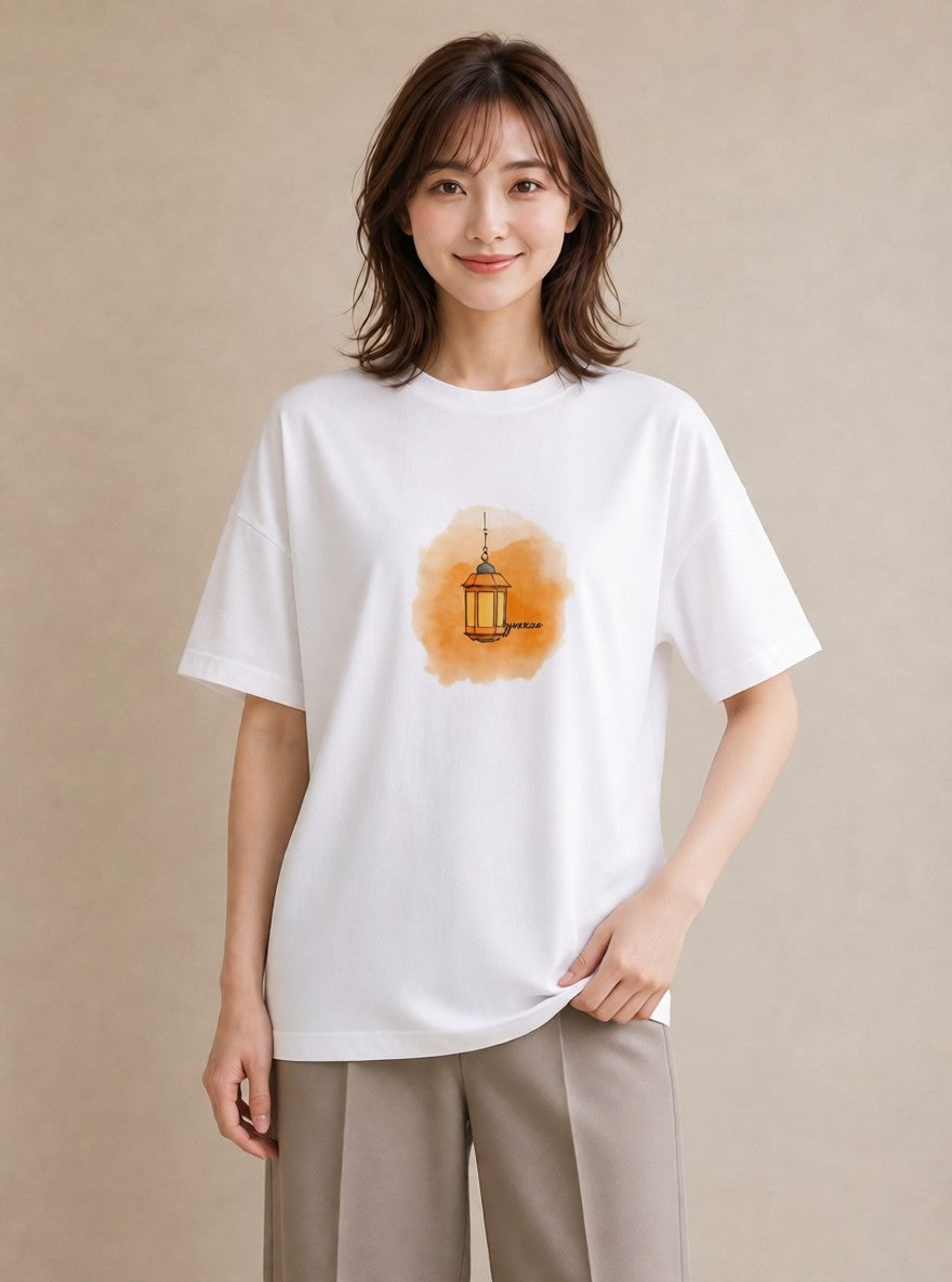 半袖Tシャツ レディース 街灯 夜霧 夜 ナチュラル アンティーク イラスト ポップ 部屋着 女性向けギフト 白T