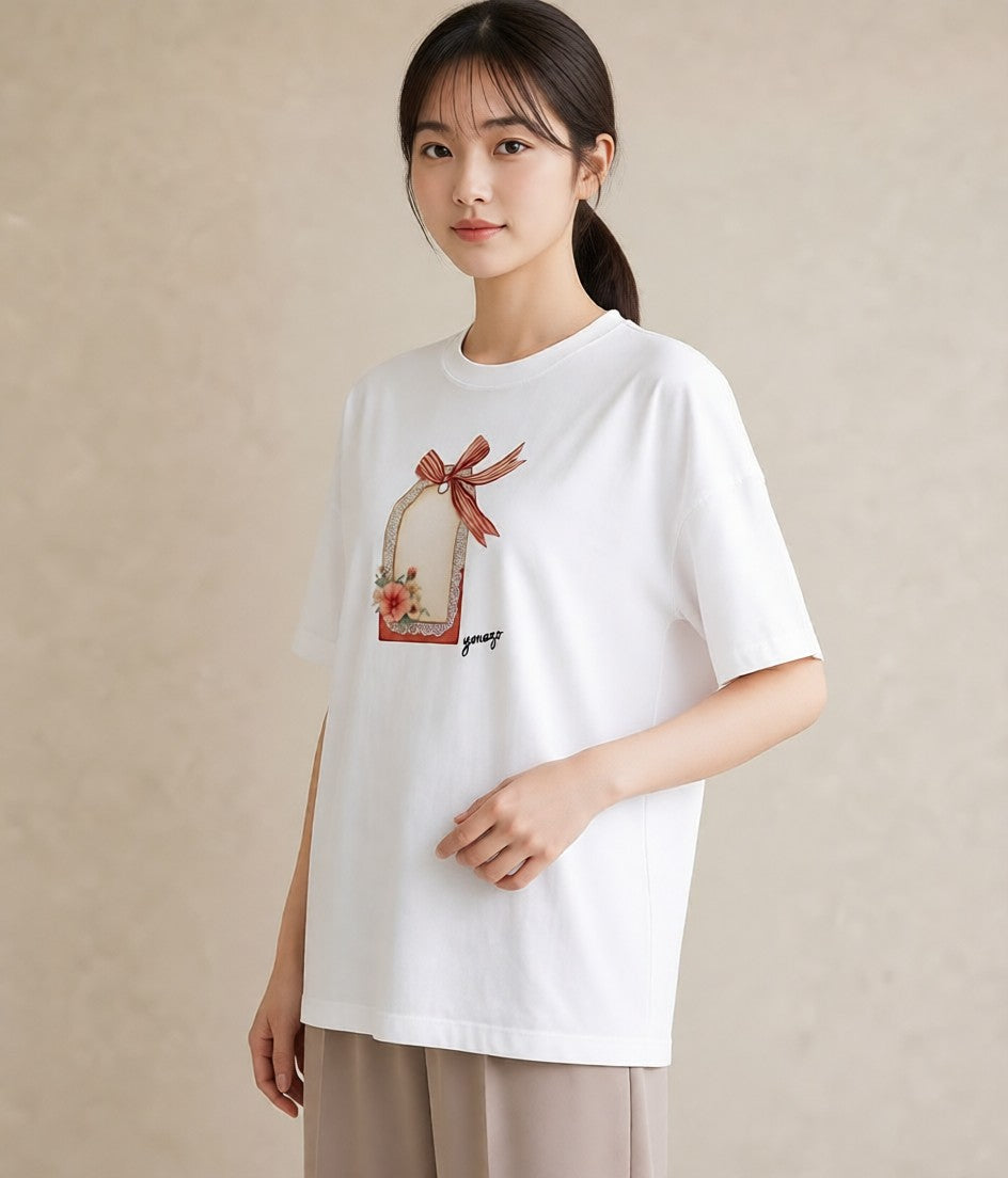 プリントTシャツ レディース 手鏡 アンティーク レトロ ナチュラル イラスト アート風 ビーチ デイリーウェア 白T