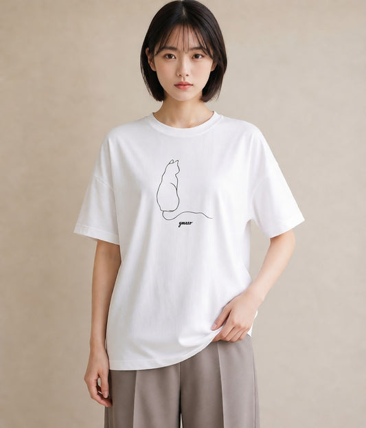 デザインTシャツ レディース 猫 ねこ ネコ イラスト 上品 帰省 ラフ 白T