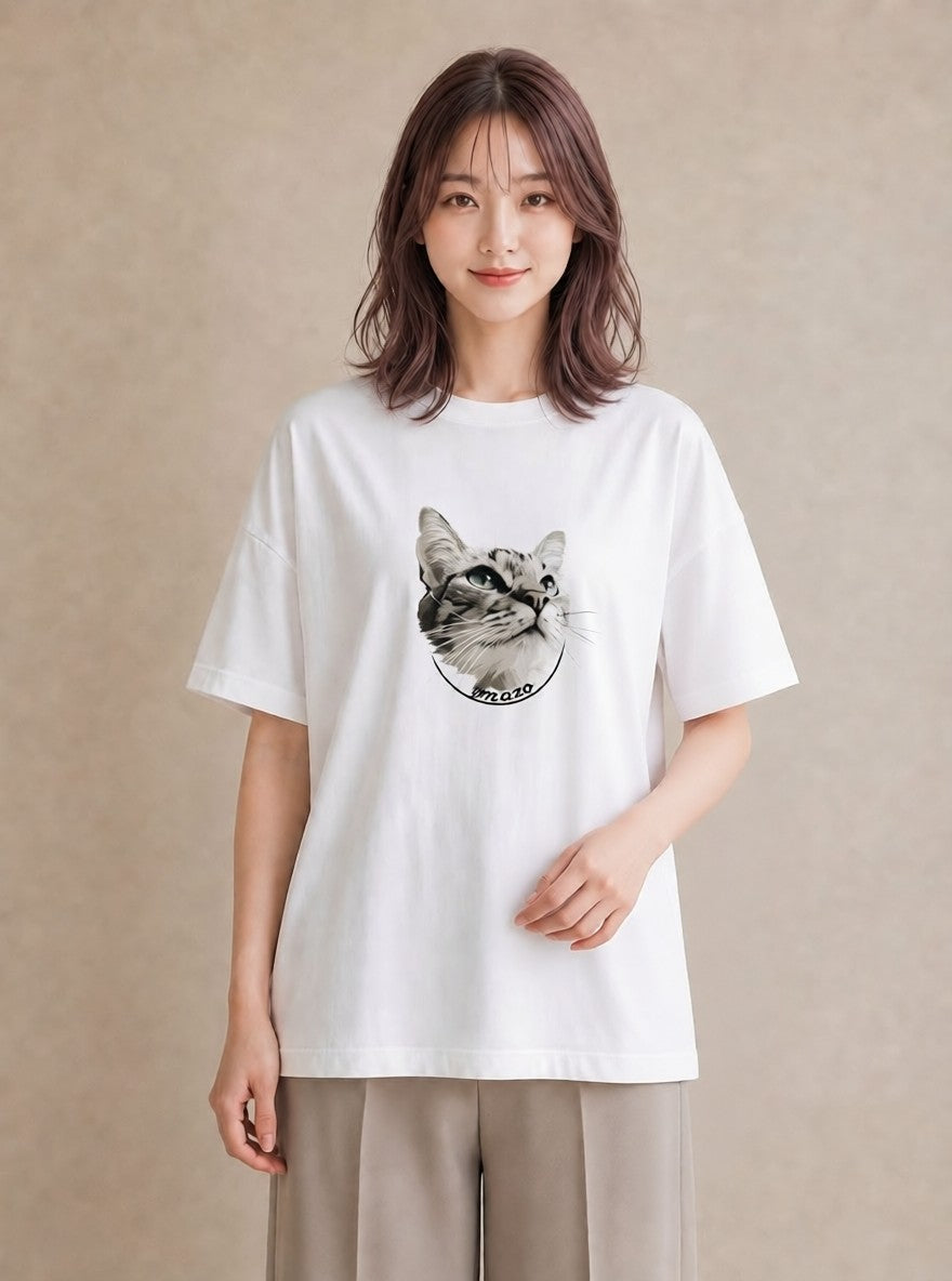 プリントTシャツ レディース シャム柄 猫 ねこ イラスト こなれ感 ミセス 春コーデ 白T
