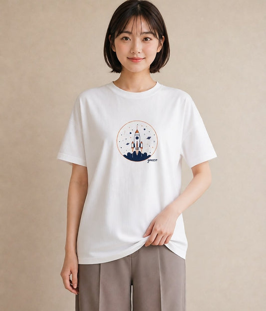 半袖Tシャツ レディース ロケット 星空 宇宙 イラスト ガーリー 買い物 夏コーデ 白T