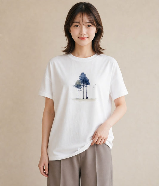 Tシャツ レディース 遠い家と鳥 風景 鳥 ナチュラル アンティーク イラスト 個性的 ラフ レイヤード 白T