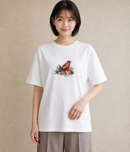 半袖Tシャツ レディース セキセイインコ ペット 動物 イラスト ナチュラル 旅行用 海 白T